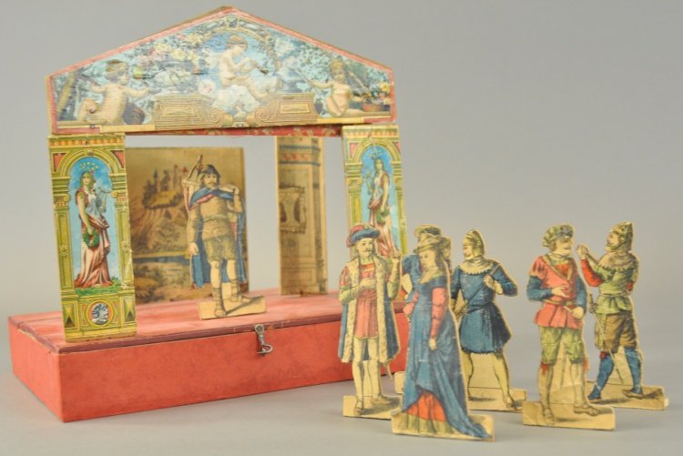 MINIATURE CHILDREN'S THEATRE: Paper litho over wood, disassembles to fit into box stage, comes with several scenery boards and die-cut figures. 11 1/4" x 11 1/2" h.