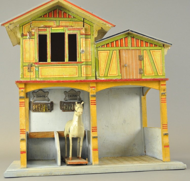 GOTTSCHALK HORSE STABLE: Germany, wooden, hand painted overall, second story covered in lithographed paper, features opening top doors, two stall stable and wagon stall, very colorful with partial paper covered flooring. 18"
