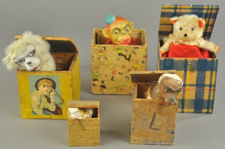 ANIMAL JACK IN THE BOX GROUPING: Large grouping includes varied animal head examples featuring monkey, dog, and teddy bear. Boxes have some cracks and seams dislodged, one head dislodged from spring. Closed 2" - 4" h.