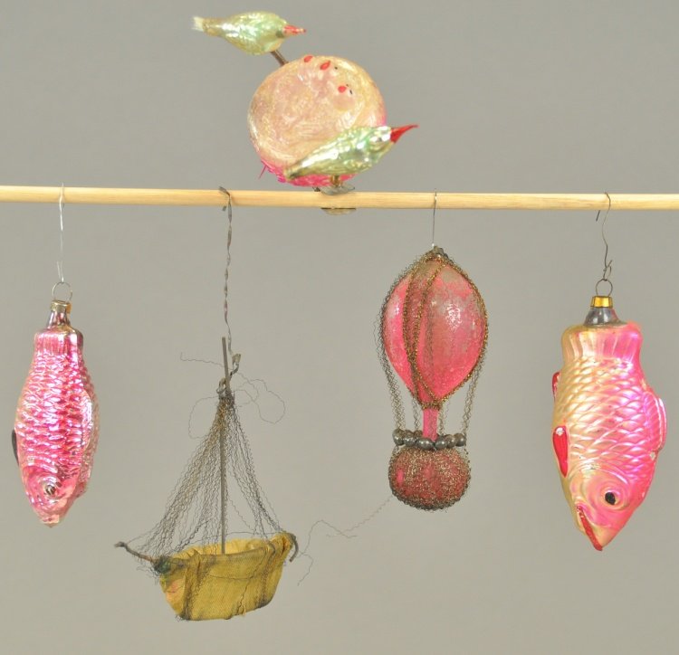 FIVE EARLY CHRISMAS TREE ORNAMENTS: Glass clip-on birds in nest, glass airship wire wrapped, two glass fish, and a wire wrap cloth sail boat. All 4" l.