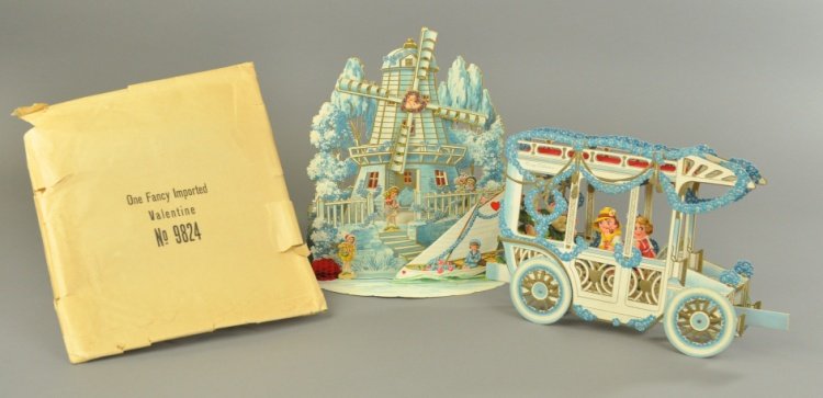 TWO IMPRESSIVE FOLD-OUT VALENTINES: Large die-cut windmill with sailboat on pond and an outstanding automobile decorated with blue floral, one mailing envelope included. 11" each.