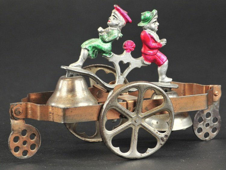 WATROUS JACK AND JILL BELL TOY: Spirit painted cast iron figures seated at open strap platform with two bell, articulated center axle allows back and forth ringing action. 7 1/4" l.