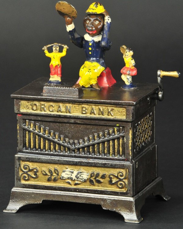 ORGAN MECHANICAL BANK - BOY AND GIRL: Kyser & Rex, PA, Patented 1882, cast iron and hand painted, place a coin in monkey's tray and turn crank to allow him to lower tray for deposit while boy and girl spin around.