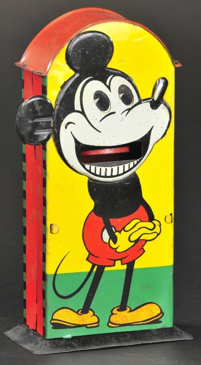 MICKEY MOUSE MECHANICAL TIN BANK: Saalheimer & Strauss, Germany, circa 1930's, rare lithographed tin example, Type I, depicts Mickey with folded hands, action involves pulling Mickey's ear which causes tongue to emerge for coin placem
