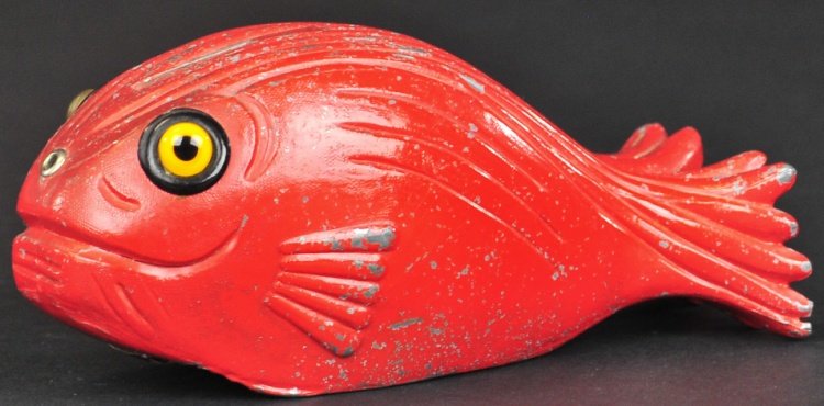 WHALE MECHANICAL BANK (RED): Mfg. unknown, circa 1930-40's, white metal and painted body, insert coin in whale's back and eyes move after deposit.