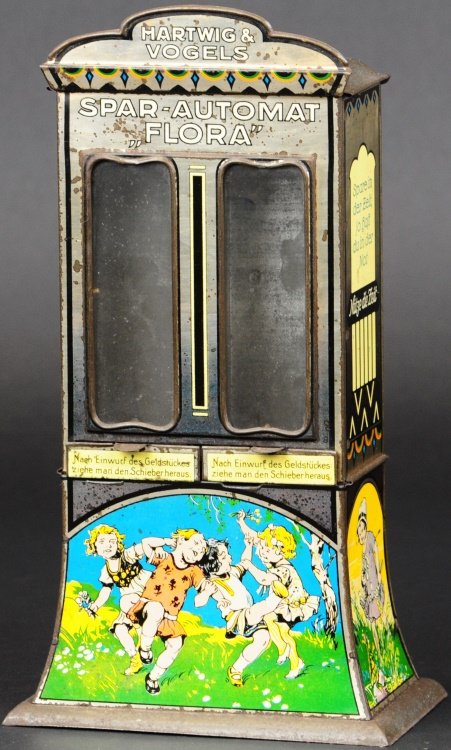 VENDING BANK - HARTWIG & VOGEL FLORA: Germany, circa 1910-1920, lithographed tin, double glass view front panel, colorful children at play graphics, tall tin bank dispenses card in front drawer when coin is deposited. 10 3/8" h.
