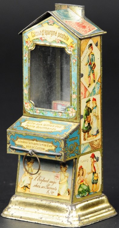 VENDING BANK - STOLLWERCK POSTMAN: Cologne, Germany, circa 1900's, lithographed tin, great graphic images surround tin, Postman shown bringing letters, coin deposit allows candy retrieval from drawer. Provenance: Edwin H. Mosler Jr. Co