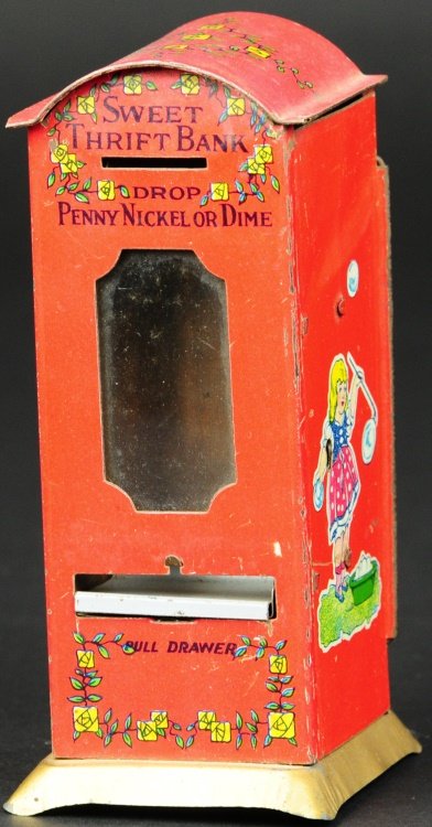 LOT OF TWO SWEET THRIFT VENDING BANKS: Mfg. Beverly Novelty Corp., NY, Patented 1928, lithographed tin, both feature glass front panels, one done in red, other in yellow, each has coin slot and drawer for candy retrieval. 6" h.