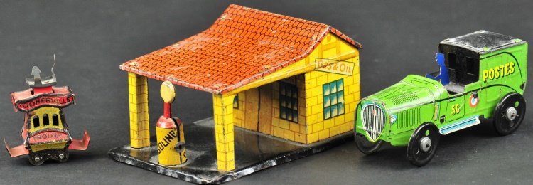 TRANSPORTATION PENNY TOYS: Lithographed tin, includes French Postes Town Car with driver, Toonerville Trolley Cracker Jack size example, and Distler Service Station with pump at front. 2" to 3 7/8" l.