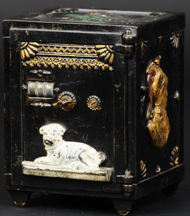WATCH DOG SAFE BANK: J. & E. Stevens Co., circa 1890's, cast iron and hand painted, well designed vault safe example, embossed dog on front panel appears to open mouth and bark as coin is deposited, release lever closes d