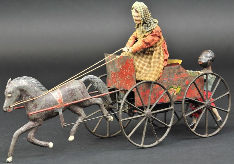 IVES MECHANICAL HORSE AND BOY HOOK BEHIND: Early clockwork driven toy, very ingenious design features lady able to move body back and forth and depicts a young boy catching his own ride as he holds the back of the cart which is drawn by solo h