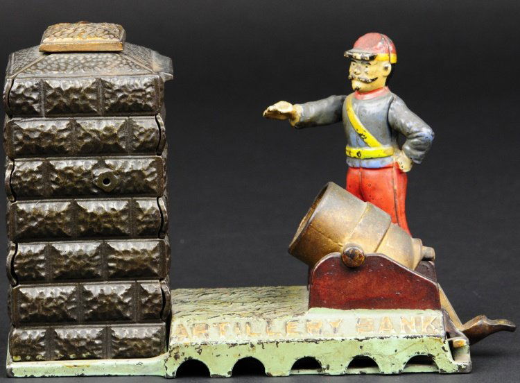 ARTILLERY MECHANICAL BANK (CONFEDERATE): J. & E. Stevens Co., designed by Charles Germany. Shepard & Peter Adams, Patent 1892, The coin is placed in the cannon, hammer is then pushed back, right arm moves into a horizontal position, then pre