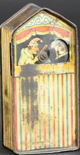 PUNCH AND JUDY TIN MECHANICAL BANK: Mfg. Burnett Ltd., London, England, circa 1920's, lithographed tin, theatre image bank, as coin is deposited, pictures change from Judy holding baby to skeleton. Provenance: Edwin H. Mosler Jr.