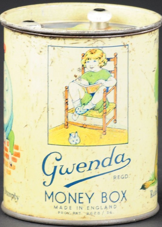 GWENDA MONEY TIN BOX MECHANICAL BANK: England, circa 1936, battery operated, lithographed tin, as coin is inserted into slot, deposit activates battery and eyes light. Provenance: Edwin H. Mosler Jr. Collection. 3 5/8" h.