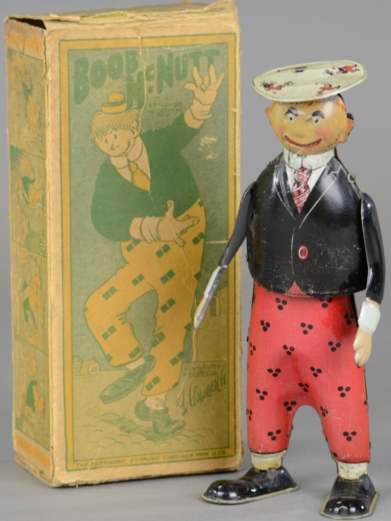 BOOB MCNUTT WALKER: Ferdinand Strauss, lithographed tin, flat hat version, clockwork activated. 8" h.