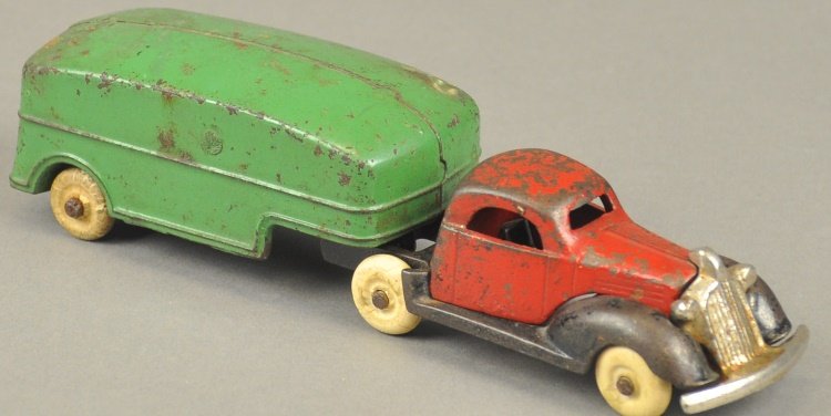 1936 MOVING VAN: Kenton, very rare example with only a few known, cast iron red cab with black frame and green van body. 8" l.