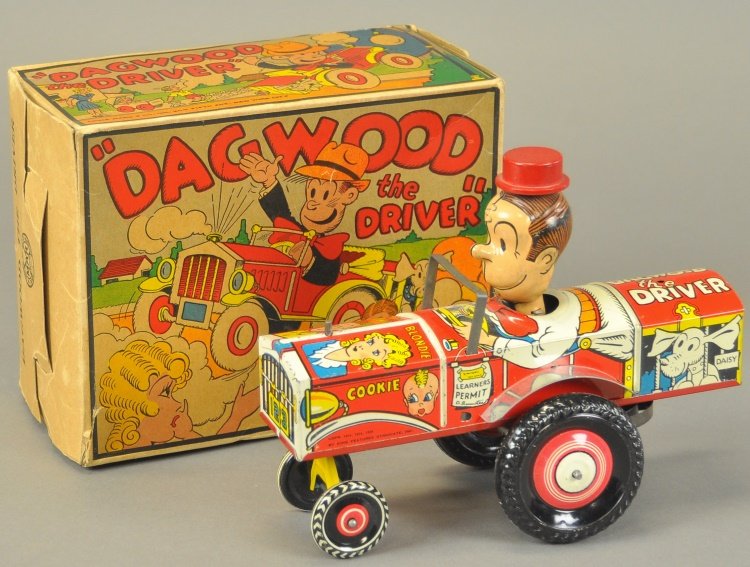 DAGWOOD THE DRIVER WITH ORIGINAL BOX: Louis Marx, copyright 1930-1935 King Features Syndicate, very colorful lithographed tin open auto with head of Dagwood wearing red wood hat, great graphics overall, box same graphic quality in design,