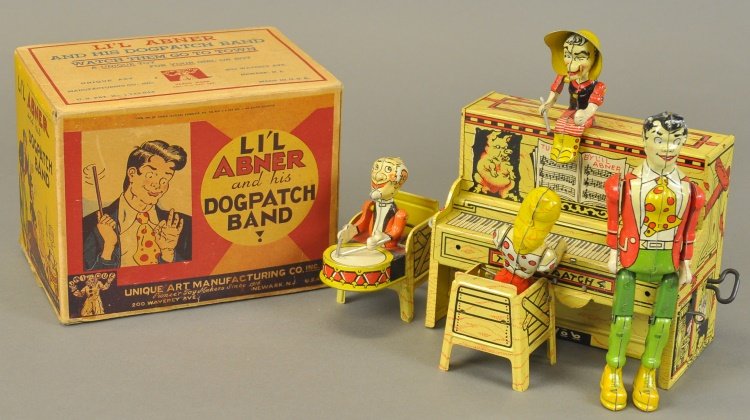 LI'L ABNER DOG PATCH BAND WITH BOX: Unique Art, lithographed tin, a classical mechanical comic band toy features four Dogpatch members playing in the band, colorful and amusing action. 9" w.