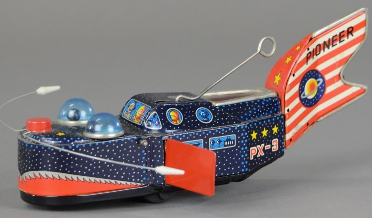 SPACE WHALE: Japan, Yoshia, lithographed tin with fins, marked Pioneer on tail, well detailed and amusing space animal toy. 9" l.