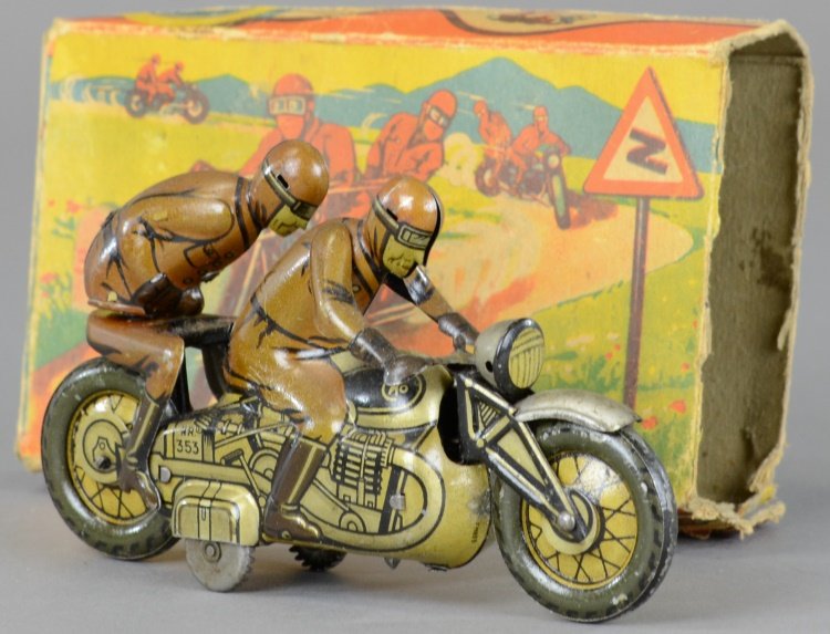 KELLERMANN MILITARY CYCLIST: Germany, lithographed tin, features two riders, clockwork action uniquely allows passenger to turn body from side to side, loud motor noises emit while activated. 5 3/4" l.