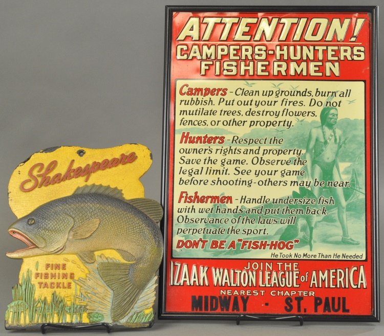 SHAKESPEARE FISHING TACKLE AND FISHERMEN SIGN: Lot includes a fiberboard fish tackle sign with large mouth bass embossing, and a Campers, Hunters and Fisherman Walton League Chapter sign in tin. 10 1/4" x 18" x 12 1/4".