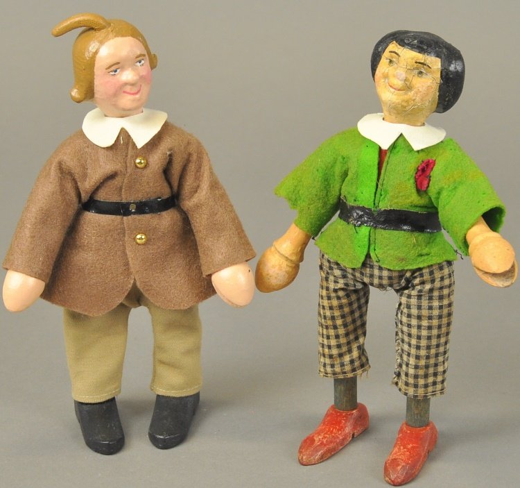 SCHOENHUT MAX & MORTIZ FIGURES: c. 1915, all wooden jointed figures with hand painted faces, depicts two popular comic strip characters by William Busch, each have full felt attire. 8" h.
