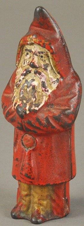 SANTA CLAUS STILL BANK: Wing, cast iron, wearing red hooded robe, screw holds halves, gold boots, white beard and face. 5" h.