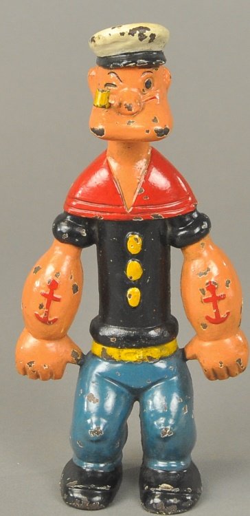 POPEYE DOORSTOP: Full figure, solid casting Hubley #328, "© 1929 King Features Syn., Made in USA," a cartoon icon, this muscle man is brightly painted overall in familiar colors, tattoo anchors and original pipe. 9" 