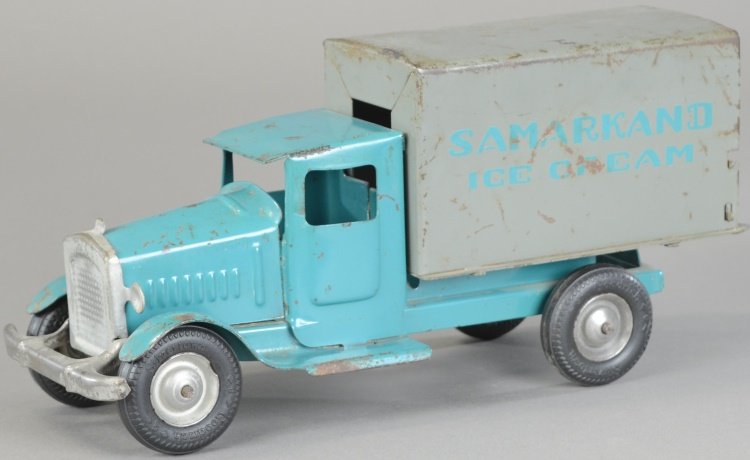 METALCRAFT "SAMARKAND" DELIVERY TRUCK: c. 1930's, pressed steel, light blue enclosed cab with grey box van body, reads "Samarkand" on sides in light blue, a scarce example. 11" l.