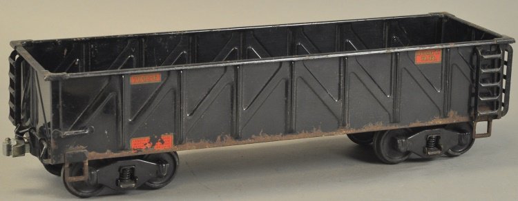 BUDDY 'L' OUTDOOR RAILROAD COAL CAR (GONDOLA): Pressed steel body, painted in black overall, c. 1927, stamped sides, decals read "70836." 20 1/4" l.