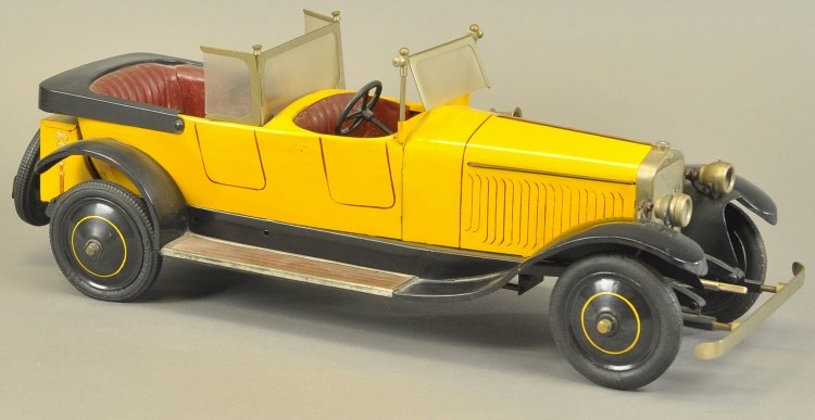 JEP HISPANO-SUIZA: France, desirable luxury toy model, great styling overall, done in tinplate and painted in familiar yellow and red body colors, features dual windshields, clockwork mechanism, full appointments includ