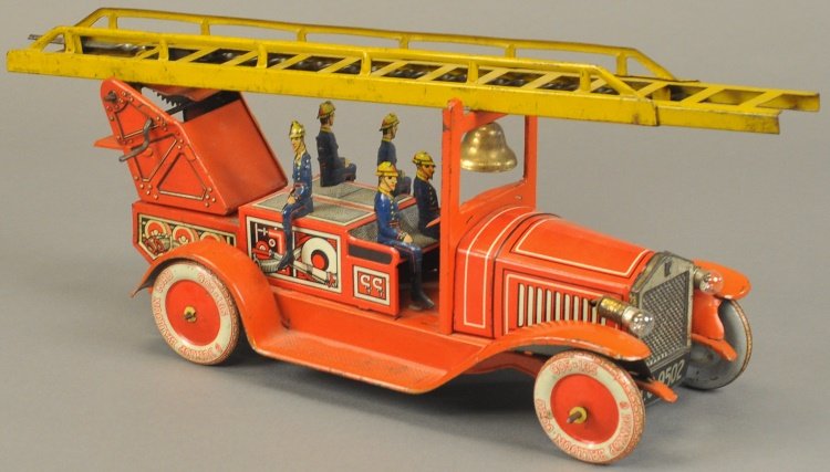 TIPPCO FIRE LADDER TRUCK: Germany, c. 1930's, well scaled version, done in tin lithography, red open frame contains five seated firemen, long extension ladder is rear mounted on swivel base, clockwork action, electric lights. 