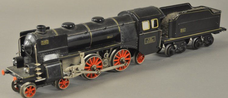 KARL BUB 4-4-2 STEAM TYPE LOCOMOTIVE WITH TENDER: Germany, very rare '1' gauge example, the largest made by Bub, done in black overall, marked "KB2260" on side. 23 1/2" overall length.