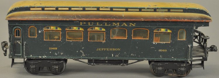 MARKLIN '1' GAUGE OBSERVATION COACH WITH INTERIOR: Eight wheel "Jefferson" coach, painted in green body, with brown roof, interior includes tables and sofa. 15" l.