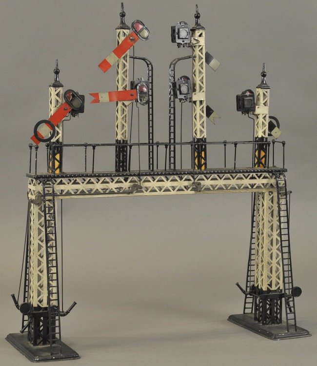 BING SIGNAL BRIDGE: Germany, '1' gauge accessory, features four signals, done in black and white colors, railed platform. 21" h. x 19" l.