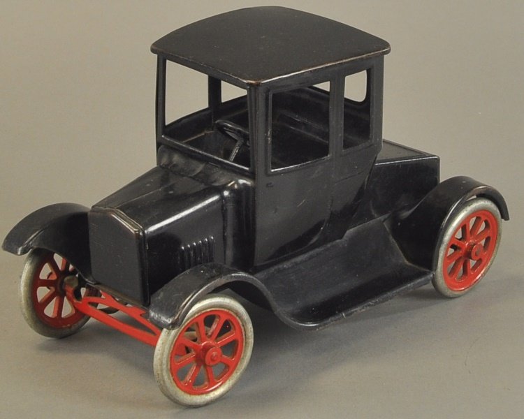 BUDDY 'L' FLIVVER COUPE: c. 1925, pressed steel, painted black overall, flat hardtop with spoke wheels. 11" l.