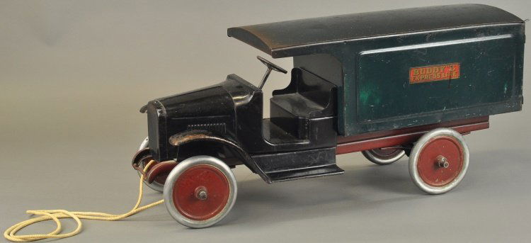 BUDDY 'L' EXPRESS TRUCK: c. 1920's, pressed steel, features black low open cab with canopy roof, green enclosed van body, opening rear doors, side decals read, "Buddy L Express Lines." 24 1/2" l.
