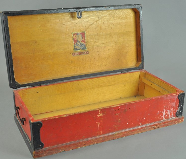 BUDDY 'L' TOOL CHEST: c. 1927, all wood box done in red and black, comes with floral pattern on lid, partial interior decal. 24" l.