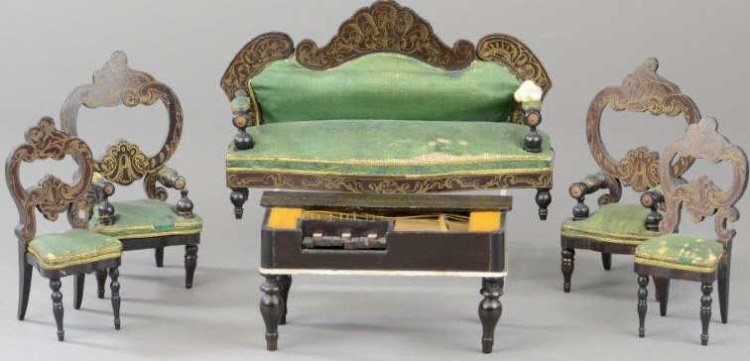 WALTERHAUSEN PARLOR SET WITH SPINET: The five piece Walterhausen parlor set consists of sofa with padded back, padded arms in green silk with gilt trim papers, two large open back arm chairs and two side all matching gold transfer work o