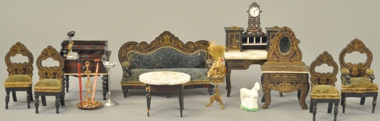 WALTERHUSEN PARLOR SET, VANITY, DESK & WASHSTAND: Parlor set consists of sofa, armchair and three side chairs, upholstered in blue cut velvet, vanity with mirror and marble top desk. All have gold transfer work, washstand has turned front legs, no go