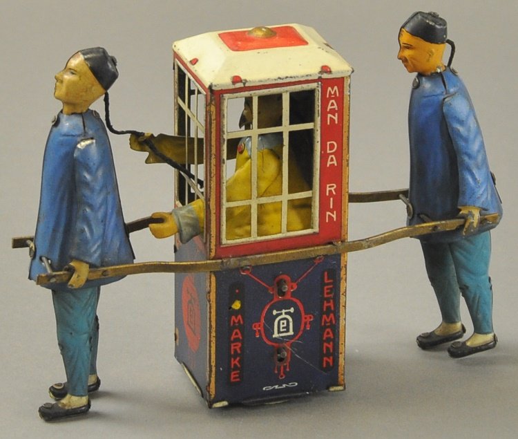 LEHMANN MAN-DA-RIN: Germany, well detailed tin toy, depicts two coolies carrying sedan chair with seated Chinese Mandarin inside enclosed coach, ingenious and well designed, clockwork driven. 7 1/4" l.