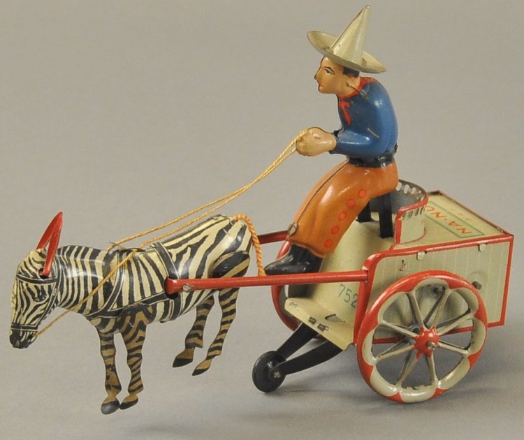 LEHMANN NA-NU: Germany, lithographed tin, zebra drawn cart, colorful rendition, seated driver, spoke wheels, clockwork driven, wild actions. 7 1/4" l.