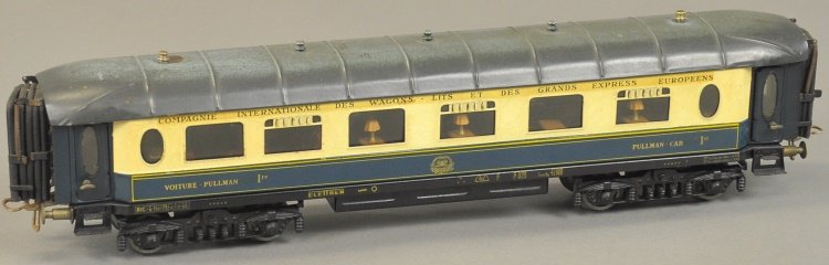 ELETTREN 'O' GAUGE PULLMAN: Lithographed tin, done in blue and cream colors, car has lights, destination on sides. 16 1/2" l.