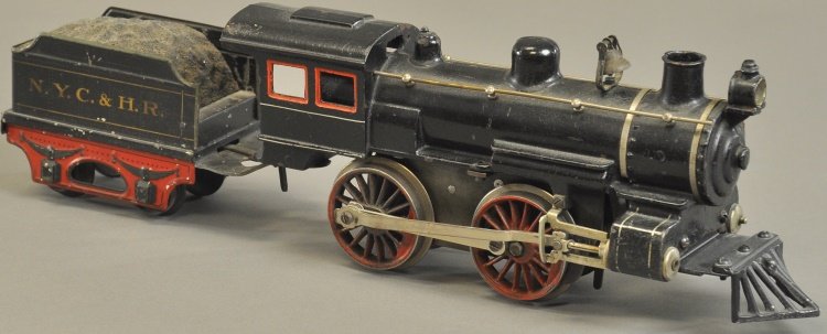 MARKLIN CAST IRON 0-4-0 LOCOMOTIVE: Germany, extremely rare example, painted in black, clockwork driven '1' gauge with tin tender marked, "N.Y.C. & H.R." 18" overall length.