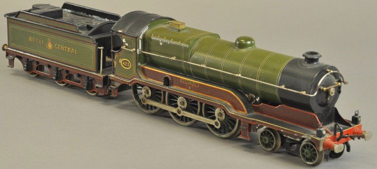 BING BASSETT-LOWKE 4-6-0 LOCOMOTIVE: Germany, '1' gauge #423 Great Central "Sir Sam Fay" olive green body locomotive and tender, electric driven. 15" l.