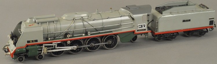MARKLIN 4-8-2 'O' GAUGE LOCOMOTIVE: Germany, electric, No. 70/12920 locomotive, grey boiler, nickel railing, electric mountain type locomotive, unit comes with eight wheel "M.E." tender. 23" overall length.