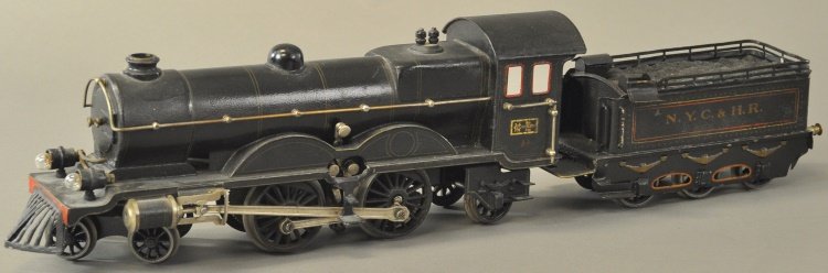 MARKLIN 4-4-2 NYC & HR LOCOMOTIVE AND TENDER: Germany, extremely rare standard gauge example, painted in scarce black color, six wheel tender, electric driven. (Exc. Cond.)