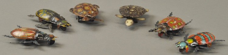 GROUPING OF ANIMAL PENNY TOYS: Germany and U. S. Zone Germany examples, lithographed tin, includes beetle toy examples. 3 1/2" l.