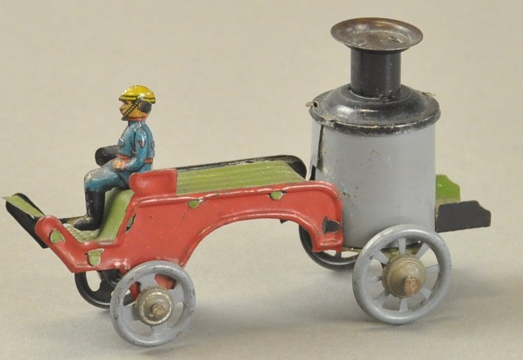 FIRE ENGINE PENNY TOY: Germany, lithographed tin, seated fireman, boiler on open cart, early pumper version. 3 1/4" l.