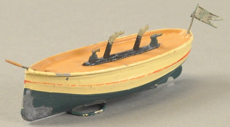 UBLEACHER STEAM SHIP: Germany, hand painted boat, features smoke stack appointments on board, flag appears at stern, self stand ring at base. 3 3/4" L.
